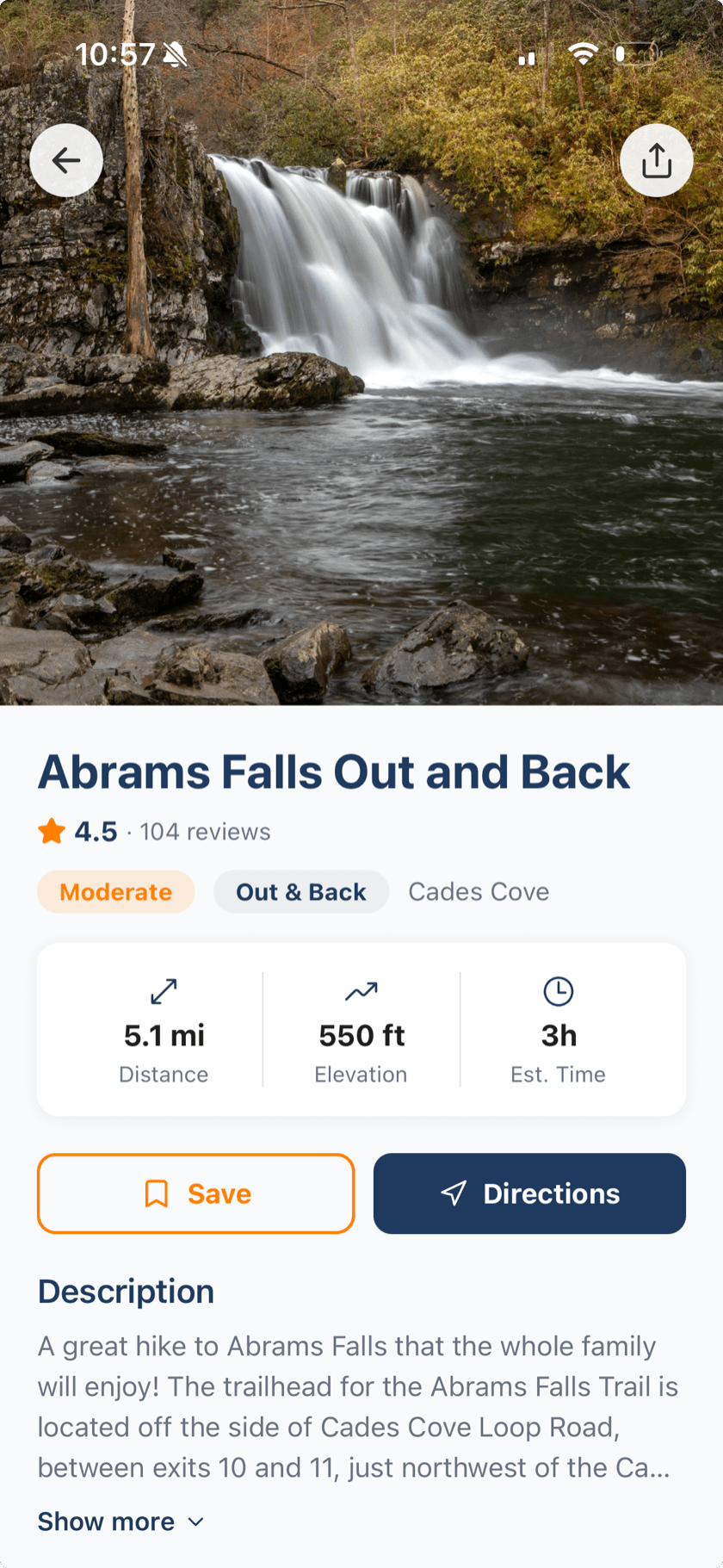 The SmokiesApp trails screen showing trail details and hiker-shared updates for hikes across the national park