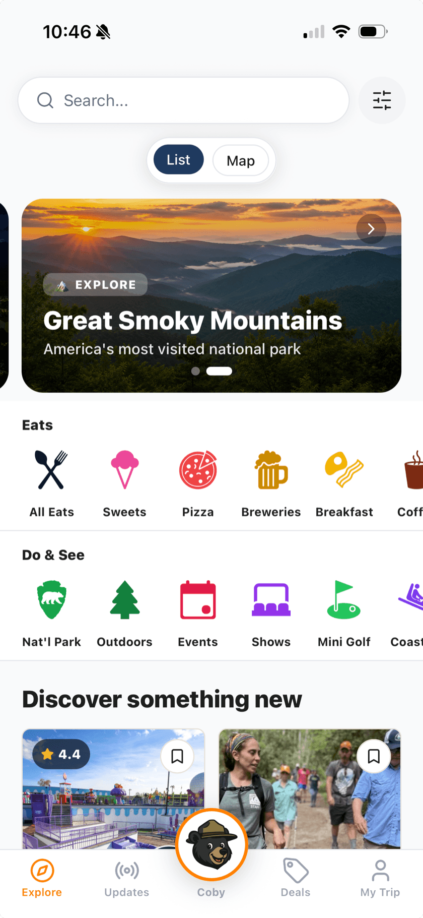 The SmokiesApp explore screen showing nearby places to eat and things to do