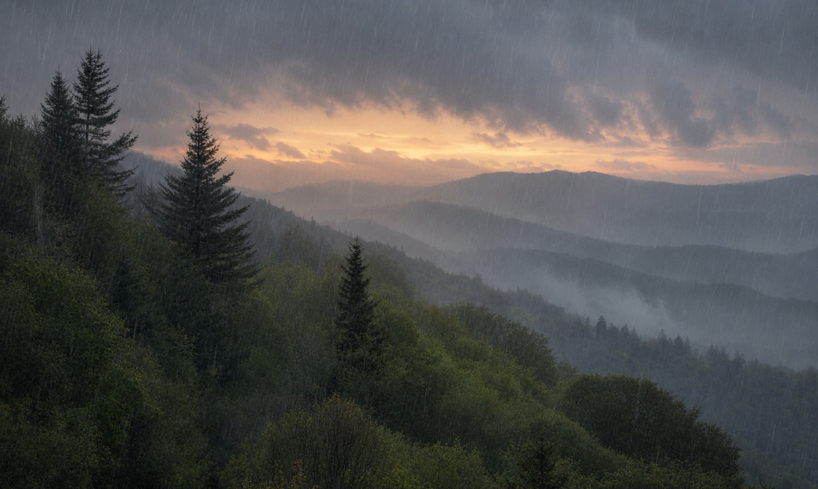 Rain falling in the smoky mountains